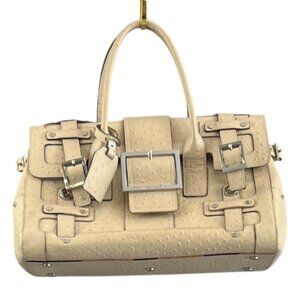 Karen Millen Ostrich Satchel Bag Womens Medium Beige Leather Buckle Purse